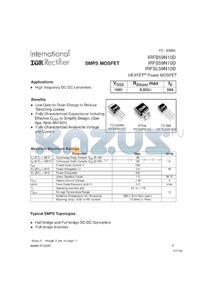 IRFS59N10D datasheet - HEXFET power MOSFET. VDSS = 100V, RDS(on) = 0.025 Ohm, ID = 58A