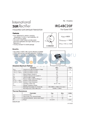 IRG4BC20 datasheet - Insulated gate bipolar transistor. VCES = 600V, VCE(on)typ. = 1.66V @ VGE = 15V, IC = 9.0A