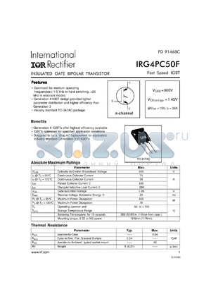 IRG4PC50 datasheet - Insulated gate bipolar transistor. VCES = 600V, VCE(on)typ. = 1.45V @ VGE = 15V, IC = 39A