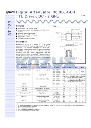 AT-233PIN datasheet - DC-2 GHz, 30 dB, 4-bit, digital attenuator, TTL driver