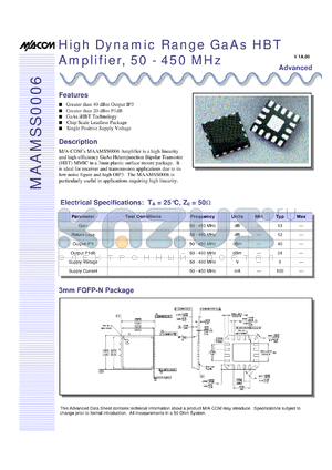 MAAMSS0006 datasheet - 50-450 MHz, high dynamic range GaAs HBT amplifier