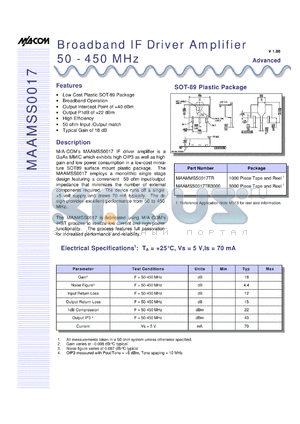 MAAMSS0017TR3000 datasheet - 50-450 MHz, broadband IF driver amplifier