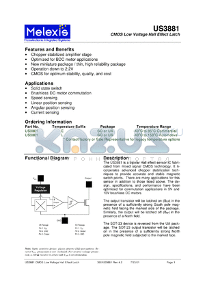 US3881E datasheet - CMOS low voltage hall effect latch