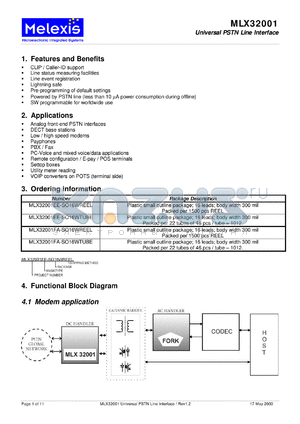 MLX32001FA-SO16WREEL datasheet - Universal PSTN line interface