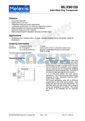 MLX90108E datasheet - 64-bit read only transponder. Without gold bumps