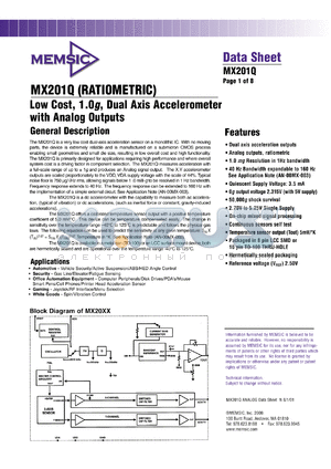 MX201QC datasheet - Low cost, 1.0g, dual axis accelerometer with analog outputs.