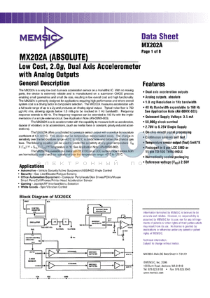 MX202AC datasheet - Low cost, 2.0g, dual axis accelerometer with analog outputs.