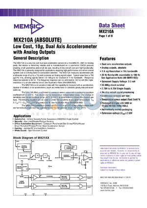 MX210AL datasheet - Low cost, 10g, dual axis accelerometer with analog outputs.