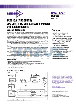 MX210AC datasheet - Low cost, 10g, dual axis accelerometer with analog outputs.