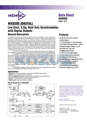 MXD205AL datasheet - Low cost, 5.0g, dual axis accelerometer with analog outputs.