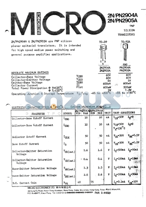 PN2905A datasheet - 500mW PNP silicon planar epitaxial transistor