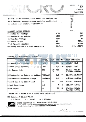 2SA1015Y datasheet - 400mW PNP silicon transistor