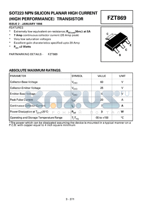 FZT969 datasheet - NPN silicon planar high current transistor