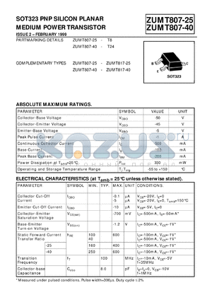 ZUMT807-25 datasheet - PNP silicon planar medium power transistor