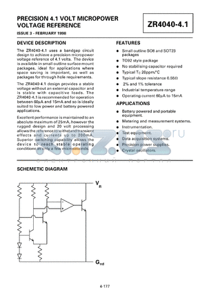 ZR40402N841 datasheet - Precision 4.1 V micropower voltage reference