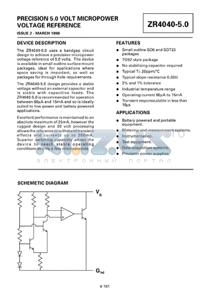 ZR40401N850 datasheet - Precision 5 V micropower voltage reference