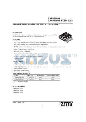 ZXBM2001TA datasheet - Variable speed 2-phase fan motor controller