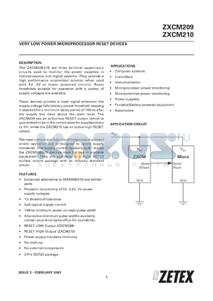 ZXCM209LF datasheet - 4.63 V, Very low power microprocessor reset device