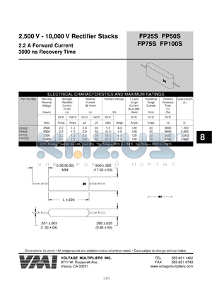 FP25S datasheet - 2500 V rectifier stack 2.2 A forward current, 3000 ns recovery time