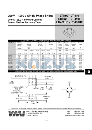 LTI1402 datasheet - 200 V single phase bridge 20-25 A forward current, 3000 ns recovery time