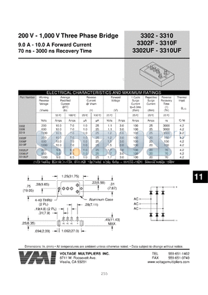 3310 datasheet - 1000 V three phase bridge 9-10 A forward current, 3000 ns recovery time