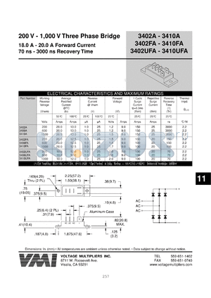 3410A datasheet - 1000 V three phase bridge 18-20 A forward current, 3000 ns recovery time