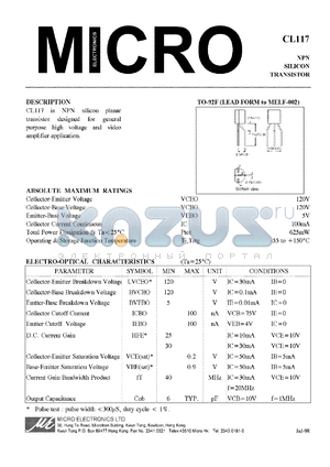 CL117 datasheet - 625mW NPN silicon planar transistor