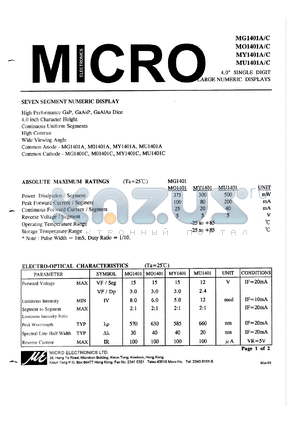 MY1401A datasheet - Seven sigment numeric display