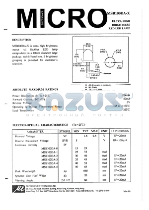 MSB100DA-0 datasheet - 5V, 100mW ultra high brightness red LED lamp