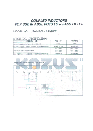 PAI-1301 datasheet - Coupled inductor for use in ADSL pots low pass filter