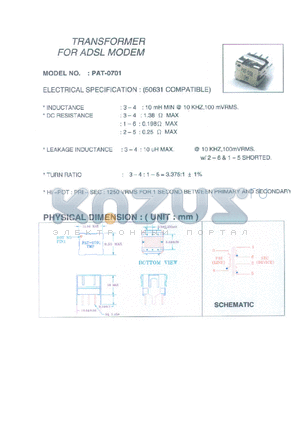 PAT-0701 datasheet - Transformer for ADSL modem