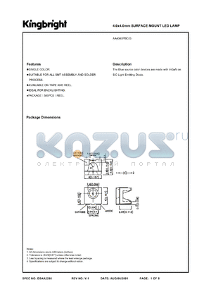 AA4040PBC/G datasheet - 4.0 x 4.0 mm surface mount LED lamp. Blue (peak wavelength 468 nm). Lens type water clear.