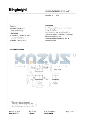 AM2520MBC09 datasheet - Subminiature solid state lamp. Blue (peak wavelength 430 nm). Lens type water clear.