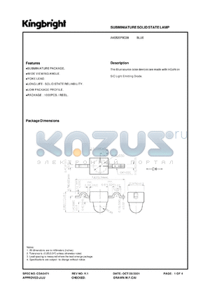 AM2520PBC08 datasheet - Subminiature solid state lamp. Blue (peak wavelength 468 nm). Lens type water clear.