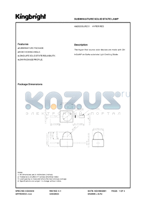 AM2520SURC01 datasheet - Subminiature solid state lamp. Hyper red (peak wavelength 640 nm). Lens type water clear.