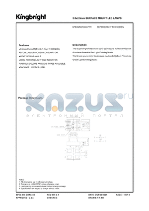 APB3025SRQGCPRV datasheet - 3.0 x 2.5 mm surface mount LED lamp. Super bright red, green (peak wavelength 660 nm, 560 nm). Lens type water clear.