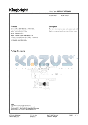 APJA2107PGC datasheet - 2.1 x 0.7 mm SMD chip LED lamp. Pure green (peak wavelength 565 nm). Lens type water clear.