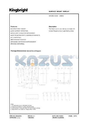 APSC56-21GWW datasheet - Surface mount display. Green (peak wavelength 565 nm). Lens type white diffused.