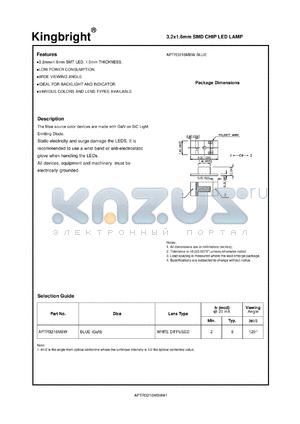 APTR3216MBW datasheet - 3.2 x 1.6 mm SMD chip LED lamp. Blue (peak wavelength 430 nm). Lens type white diffused.