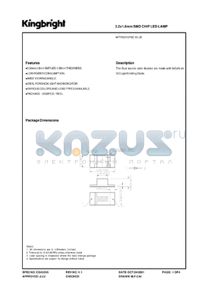 APTR3216PBC datasheet - 3.2 x 1.6 mm SMD chip LED lamp. Blue (peak wavelength 468 nm). Lens type water clear.