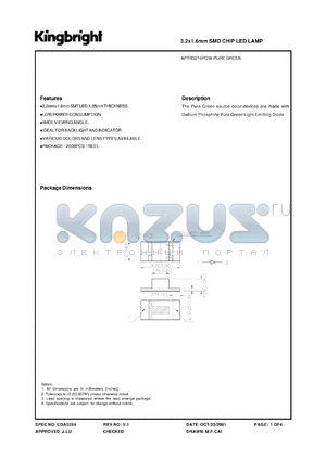 APTR3216PGW datasheet - 3.2 x 1.6 mm SMD chip LED lamp. Pure green (peak wavelength 565 nm). Lens type white diffused.