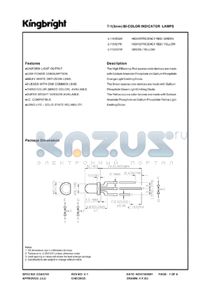 L115VEYW datasheet - T-1 (3mm) bi-color indicator lamp. High efficiency red, yellow . Lens type white diffused.