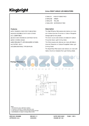 L1384AL/GD datasheet - 3.4 mm right angle LED indicator. Green. Lens type green diffused.