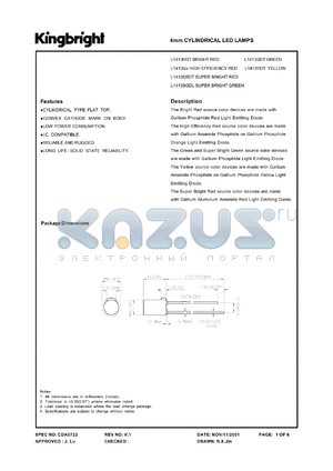 L1413HDT datasheet - 4mm cylindrical LED lamp. Bright red. Lens type red diffused.