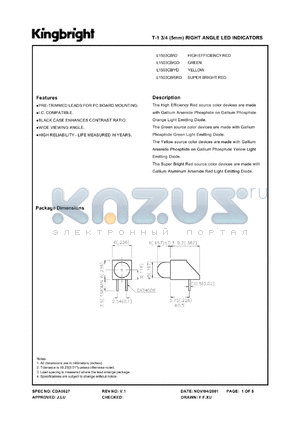 L1503CB/ID datasheet - T-1 3/4 (5 mm) right angle LED indicator. High efficiency red. Lens type red diffused.