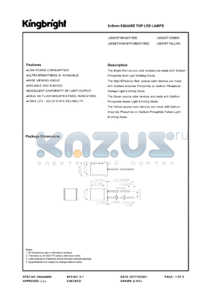 L503YDT datasheet - 5 x 5 mm square top LED lamp. Yellow. Lens type yellow diffused.