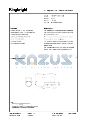 L53LID datasheet - T-1 3/4(5mm) low current LED lamp. High efficiency red. Lens type red diffused.