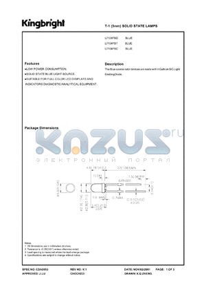 L7104PBD datasheet - T-1 (3 mm) solid state lamp. Blue. Lens type blue diffused.