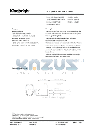 L7113PGC datasheet - T-1 3/4 (5 mm) solid state lamp. Pure green. Lens type water clear.