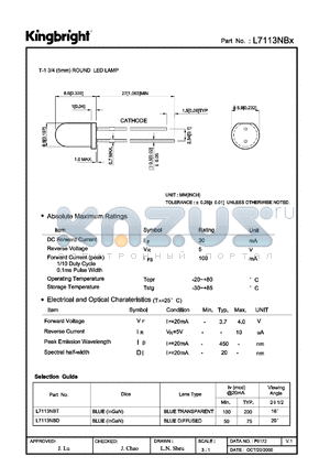 L7113NBT datasheet - T-1 3/4 (5 mm) round LED lamp. Blue. Lens type blue tansparent.